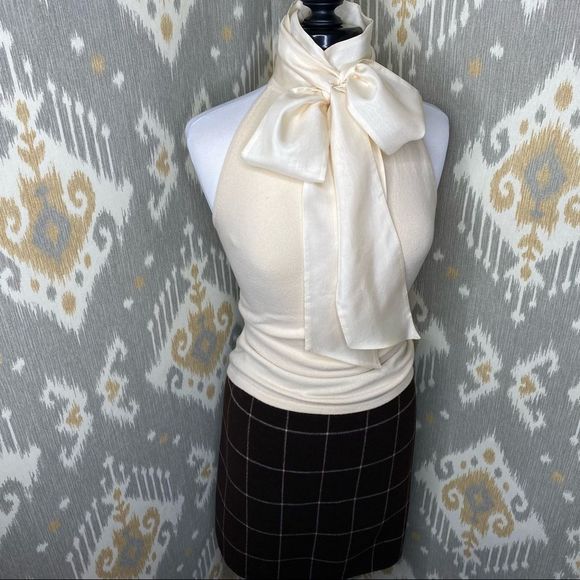 Ralph Lauren Blue Label Sweaters - Ralph Lauren Ivory Cashmere Knit & Silk Charmeuse Pussy Bow Keyhole Halter Top